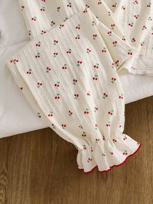 Girls' Casual Cherry Print Pajama Set, Suitable For Autumn/Winter Wear - Multicolor - View 4