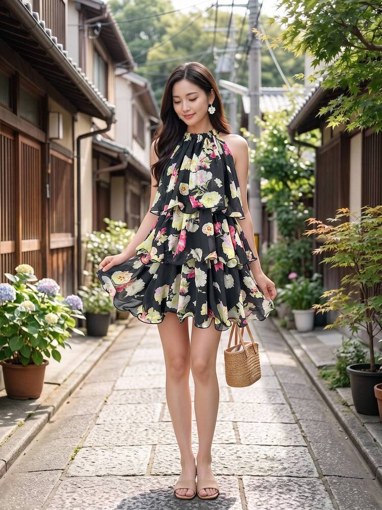 Amorya Summer Elegant Women's Romantic Floral Print Metal Trim Decorated Multi-Layered Cake Ruffle Hem Short Dress, Wedding Guest Outfit, Date Outfit, Vacation Outfit, Travel Outfit, Commute Outfit - Black - View 3