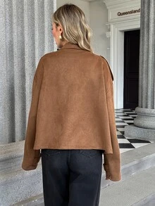 Pariaura Jaket Wanita Kasual untuk Perjalanan Sehari-hari, Longgar, Nyaman, Kerah Tegak, Bahan Suede Fleece, Lengan Panjang, Bahu Jatuh, Model Serbaguna - Coffee Brown - View 2