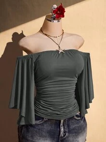 SHEIN ICON 女款大尺碼露肩純色抓皺腰部上衣 - 灰色 - 查看 1