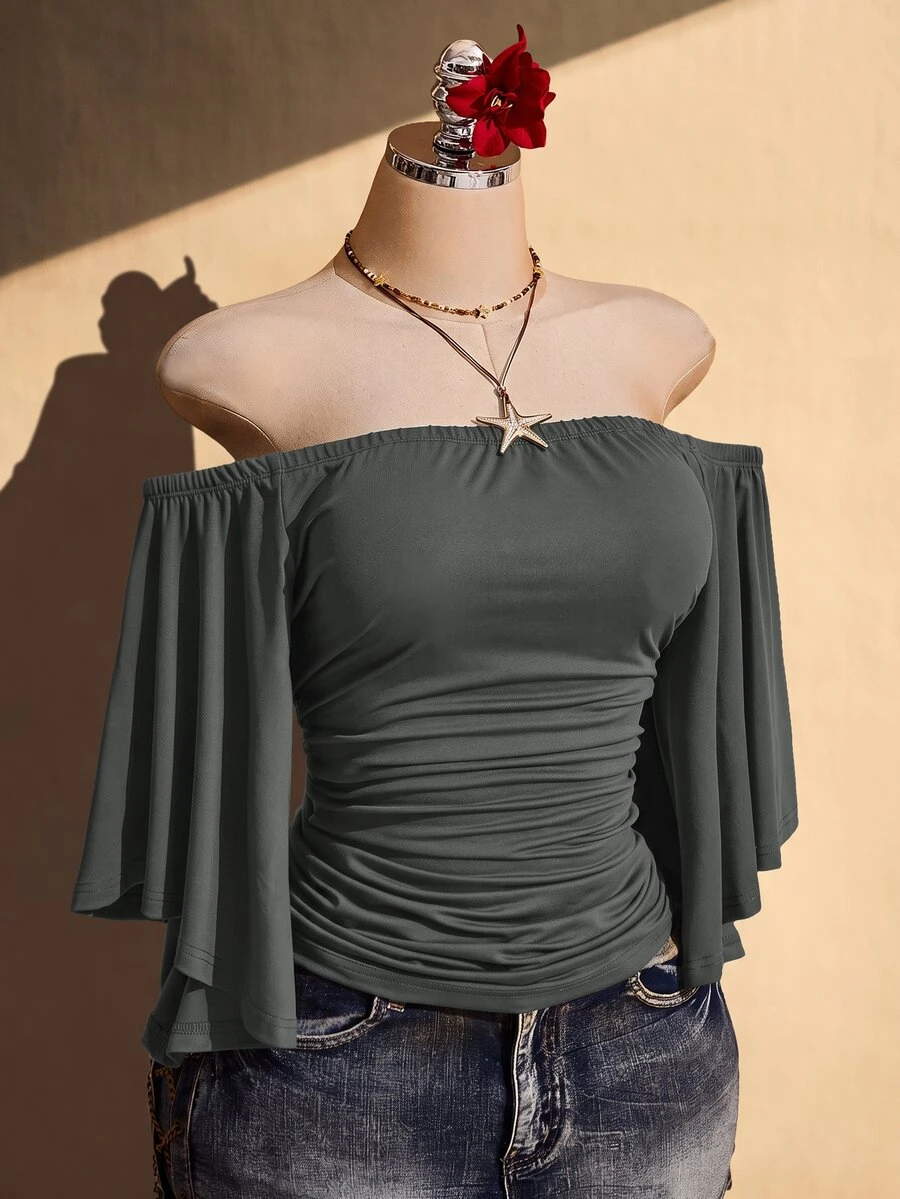 SHEIN ICON 女款大尺碼露肩純色抓皺腰部上衣 - 灰色 - 查看 1