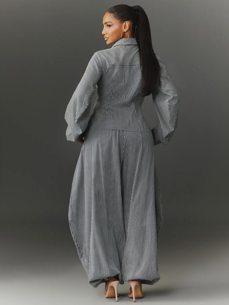 NYA SZN 女款條紋長袖上衣與長褲休閒日常套裝 - 藏蓝色 - 查看 7