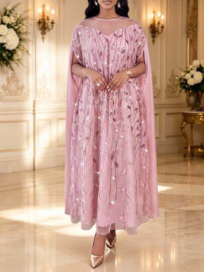 Fleurora Plus Size Elegant Party Sequin Embroidered Mesh Dress