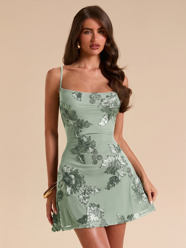 SHEIN BAE Spring/Summer Solid Brown Textured Jacquard Fitted Slim Cowl Neck Backless Tie-Up Mini Dress For Women, Summer Vacation Beach Mini Dress, Brown Dress - Mint Green - View 6