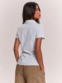 SHEIN BAE 女款條紋百褶休閒百搭日常通勤襯衫 - 藏蓝色 - 查看 2