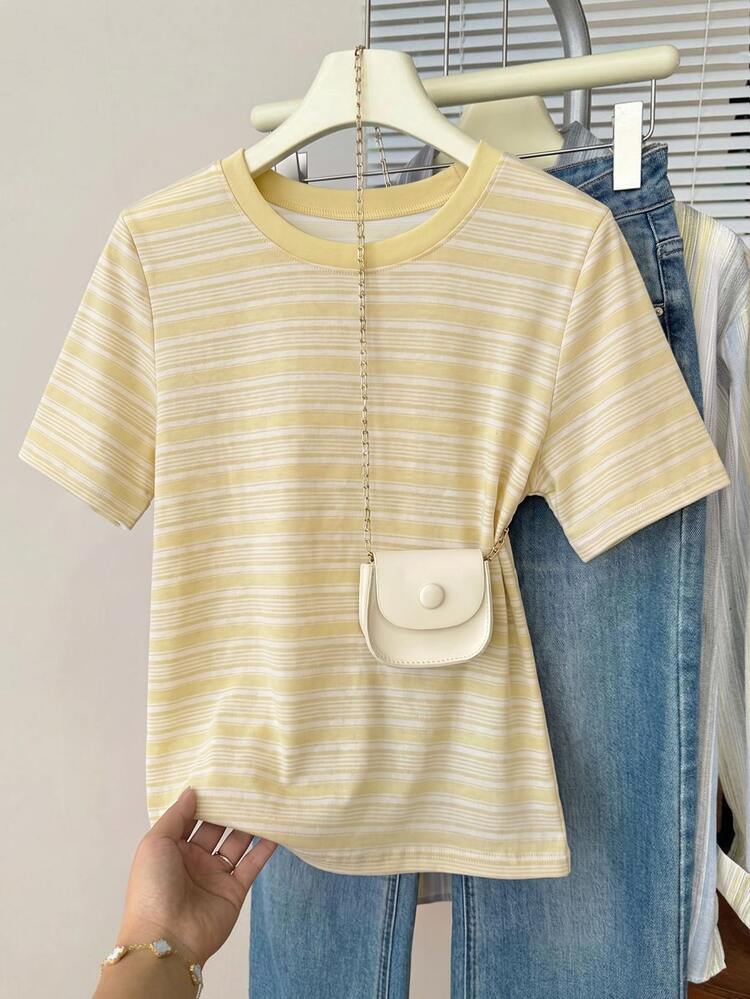 Muvela Casual Minimalist Round Neck Short Sleeve Loose Fit Women's T-Shirt, Striped Pattern - Multicolor - View 6