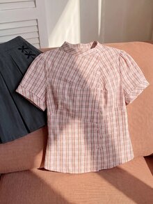 Comfortcana Plus Size Summer Casual Plaid Petal Sleeve Shirt - Dusty Pink - View 4