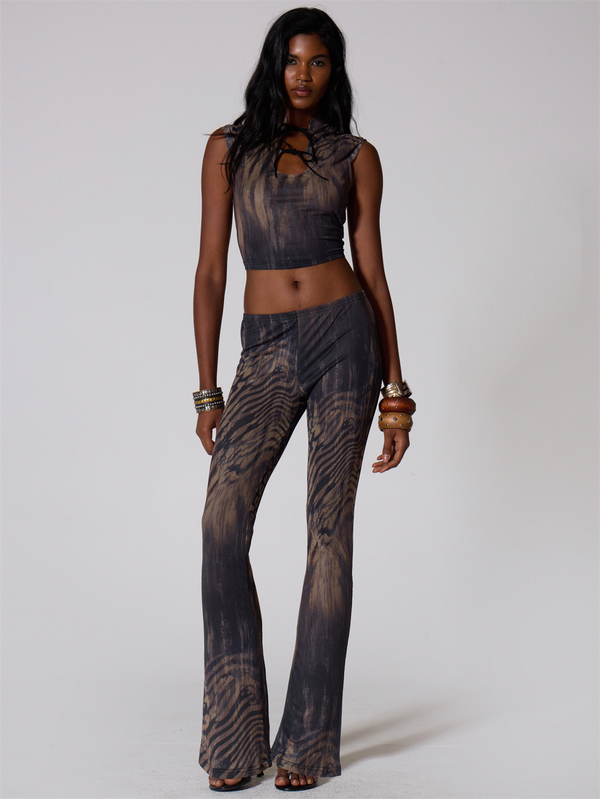 MUSERA Pantalones acampanados de cintura baja con estampado animal en malla marrón para verano, otoño e invierno, para salir, festivales, estilo cool girl, low frequency