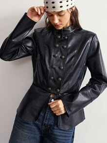 Bohemela Women's Autumn Fashion Vintage Double-Breasted Jacket - Black - View 5