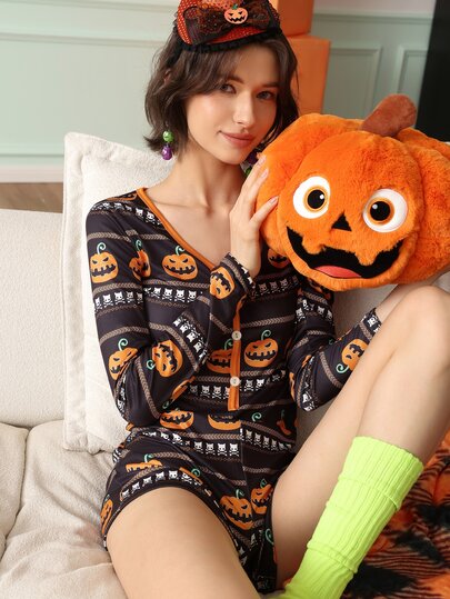 Chillnights Young Pumpkin Striped Halloween Print Long Sleeve Women's Pajama Jumpsuit