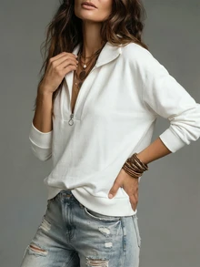 LUMIGAL Women's Half Zip Collar Sweatshirt, Ribbed Panel Long Sleeve Loose Fit Casual Basic Pullover Sweatshirt Top Everyday Travel White Autumn - White - View 5