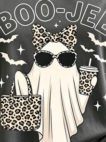 Lalippa 萬聖節 BOO-JEE 豹紋幽靈女款圓領不對稱肩寬鬆版型 T-shirt，適合派對與日常穿著 - 杏色 - 查看 3