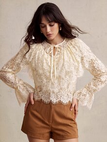 CielaLinda Blus Renda Berkerut Warna Aprikot untuk Wanita, Kemeja Boho Feminin Lengan Panjang - Aprikot - View 1