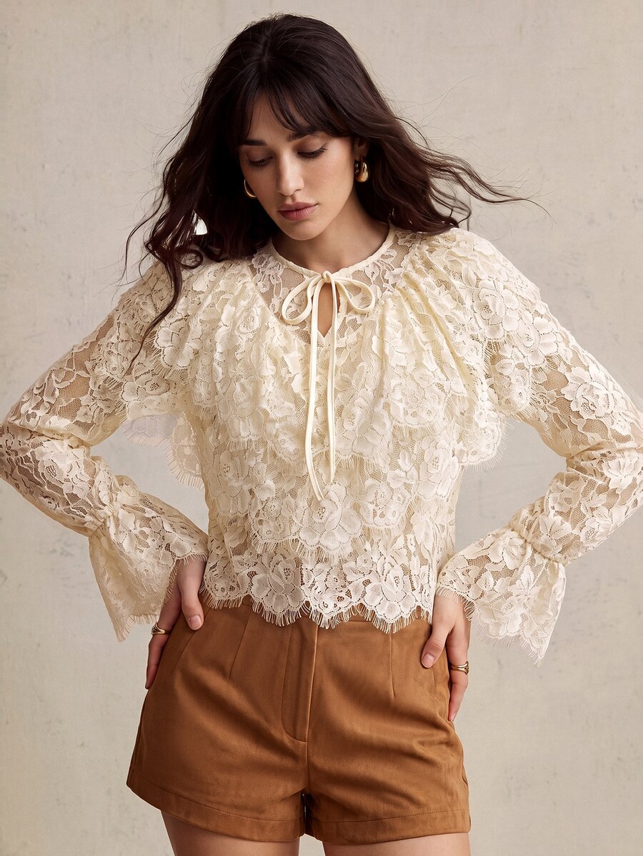 CielaLinda Blus Renda Berkerut Warna Aprikot untuk Wanita, Kemeja Boho Feminin Lengan Panjang - Aprikot - View 1
