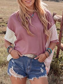 Wildy American Boho Tropical Casual Western Country Dusty Rose Women's Spring Summer Daily Basic Outfit Loose Top T-Shirt For Outing Vacation And Commuting - Mauve Purple - View 4