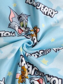 TOM & JERRY X SHEIN Young Boy Cartoon Print Short Sleeve Top And Fitted Shorts Loungewear Set - Blue - View 7