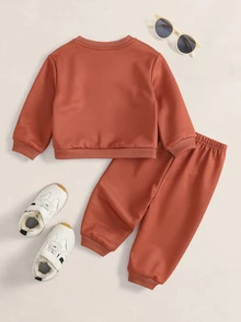 TOM & JERRY X SHEIN Set Baju Sweatshirt dan Celana Panjang Motif Kartun untuk Bayi Laki-laki - Coklat - View 2