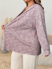 SHEIN CURVE+ Plus Size Women's Hooded Drawstring Button Waffle Knit Loose Casual Sweatshirt, Autumn/Winter Fall - Pink - View 4