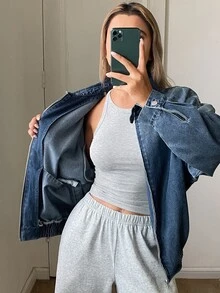 DAZY Women's Distressed Washed Faded Loose Zipper Lapel Long Sleeve Casual Street Vacation Autumn/Winter Denim Jacket And Coat - Blue - View 3
