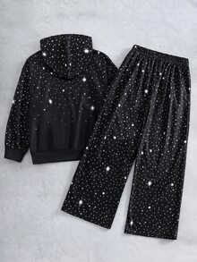 SHEIN 2件組 青少年男孩休閒極簡秋季新款 Y2K 嘻哈風酷感英文字母圖案寬鬆連帽衛衣與直筒長褲套裝，適合秋冬穿著 - 黑色 - 查看 3