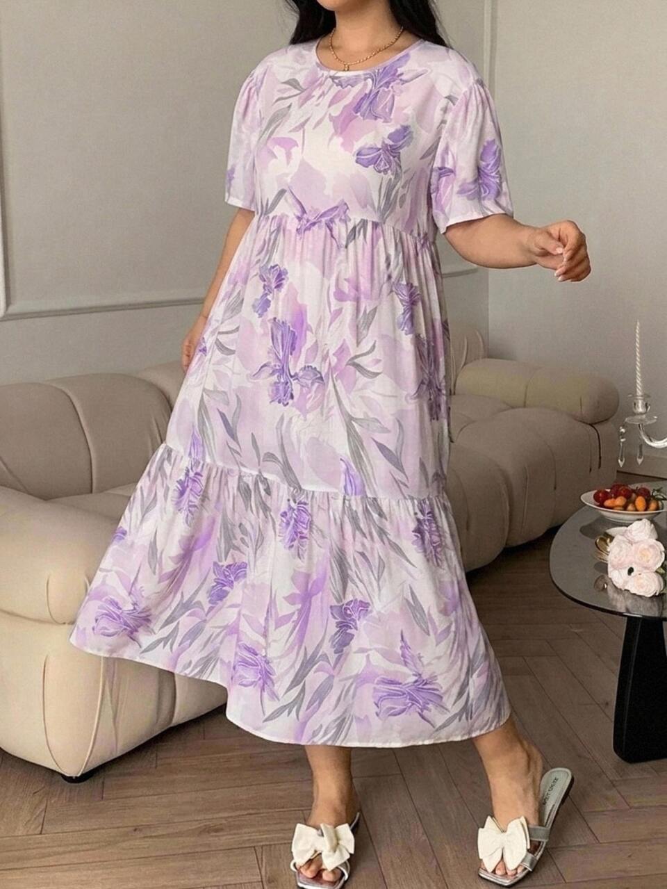 Dazy Plus Floral All-Over Print Gentle Purple Loose Elegant Long Nightgown Loungewear