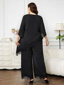 Reflora Plus Size Women Lace Patchwork Top And Pants Casual Daily 2 Pieces Set - Black - View 2