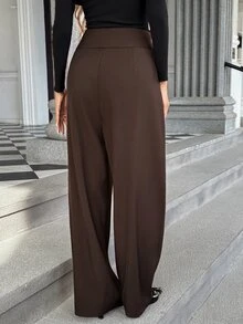 Pariaura Women's Solid Color Wide Waist Zipper Loose Curved Leg Wide Leg Trousers - Coffee Brown - View 2