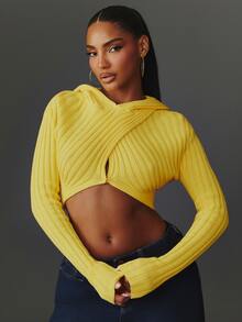 NYA SZN Hoodie Rajut Bergaris Lengan Panjang, Sweater Pendek, Kasual Sehari-hari, Cocok untuk Jalan-jalan, Sederhana, Elegan, Acara Khusus, Sekolah, Imut, Modis, Seksi, Kuning, Musim Gugur, Musim Dingin - Kuning - View 3