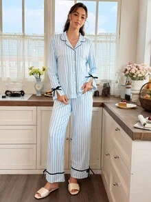 Snug Reverie Women's Lapel Striped Print Tie Bow Decor Long Sleeve Long Pants Pajama Set - Multicolor - View 1