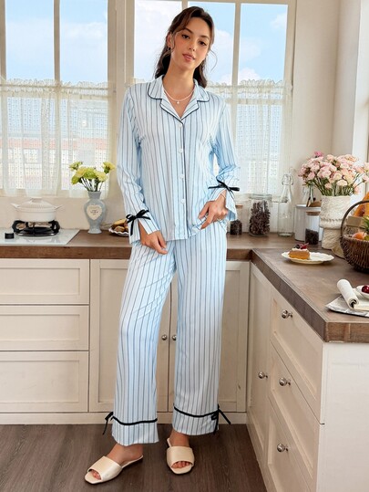 Snug Reverie Women's Lapel Striped Print Tie Bow Decor Long Sleeve Long Pants Pajama Set