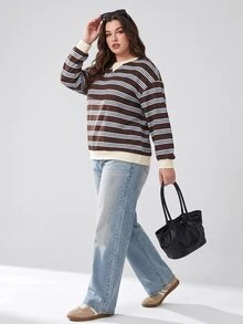 Solavibe Women's Plus Size Striped Colorblock Casual Versatile Daily Wear Long Sleeve Sweatshirt Fall - Multicolor - View 6