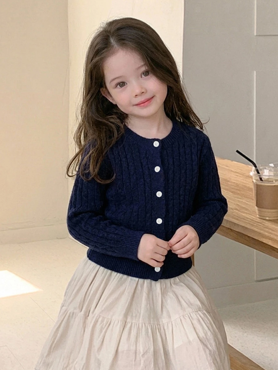 Dazy Kids Young Girls' Casual Cardigan Sweater, Basic Autumn/Winter Outer Layer, Navy Blue Contrast Color Button Front - Navy Blue - View 1