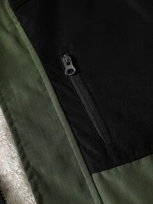 SHEIN 男童棉質加厚外套，黑色與軍綠色拼接連帽毛領填充外套，適合冬季與戶外穿著 - 軍綠色 - 查看 6