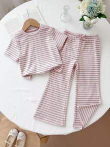 LMoss Kids 女童條紋短袖T恤與長褲休閒日常套裝 - 淺粉色 - 查看 1