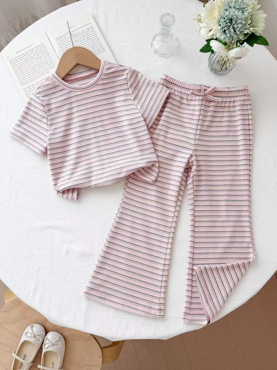 LMoss Kids 女童條紋短袖T恤與長褲休閒日常套裝 - 淺粉色 - 查看 1