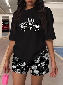 Slaydiva THE POWERPUFF GIRLS X SHEIN 大尺碼女款卡通印花短袖上衣與短褲兩件套 - 彩色 - 查看 8