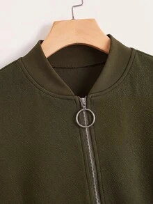 SHEIN LUNE 深綠色刺繡花卉細節拉鍊飛行夾克，秋季休閒街頭風，適合日常、賽車日與旅行穿著 - 軍綠色 - 查看 4