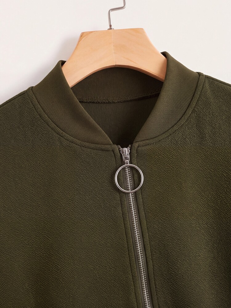 SHEIN LUNE Embroidered Floral Detail Zip Up Bomber Jacket In Autumn,Casual Streetwear Everyday Race Day Dark Green Travel Everyday - Army Green - View 4