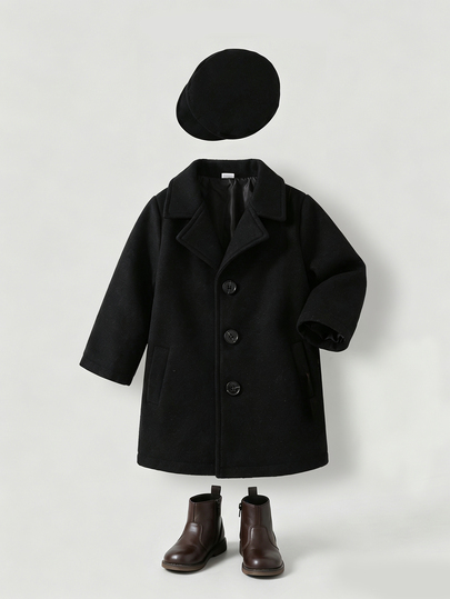 Souflis Souflis 2er Set Kleinkind Jungen Wollmantel und Hut Set elegant schwarz mit Knöpfen einfarbig Taschen Langarm Kerbrevers dick formell Party Winter Herbst Weihnachten schick