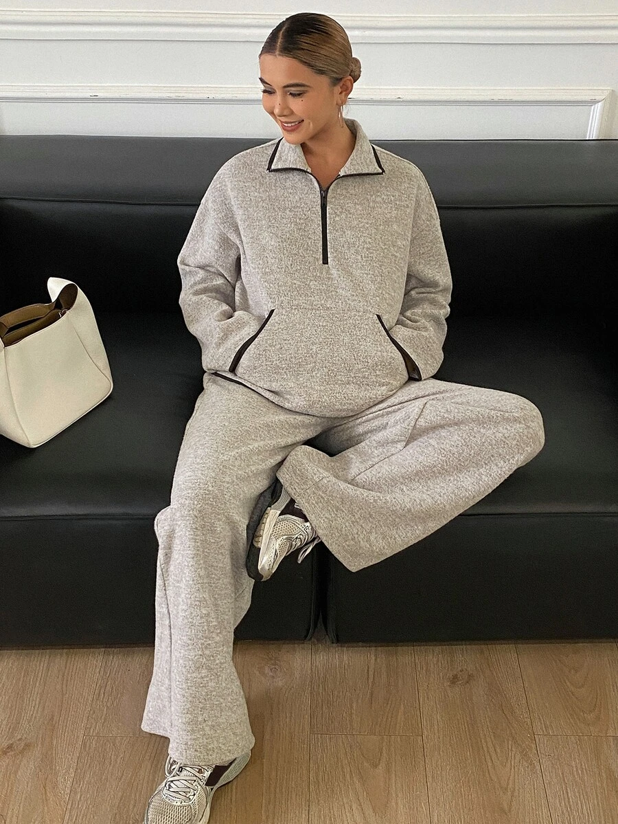 DAZY 女款拼色寬鬆上衣與長褲休閒兩件套 秋季居家機場風 灰色 - 卡其色 - 查看 1