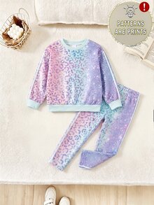 女童亮面彩虹豹紋圓領長袖運動衫與緊身內搭褲套裝，可愛休閒運動風秋冬女童套裝 - 彩色 - 查看 4