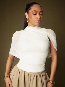Vixey Burgundy Mesh Asymmetrical Draped Sleeve Mock Neck Top - White - View 4