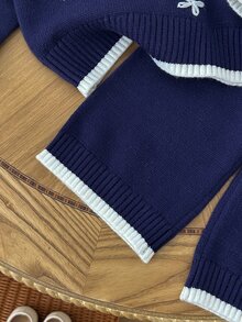 SHEIN 女嬰刺繡針織毛衣與寬腿褲2件套－可愛深藍色秋季休閒套裝，適合冬季親子穿搭 - 藏蓝色 - 查看 4