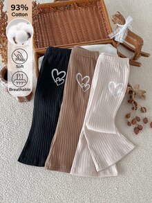 SHEIN 3件組女嬰0-3歲棕色米色黑色愛心印花羅紋針織喇叭褲，柔軟高彈性秋季校園風，百搭日常穿著 - 彩色 - 查看 1