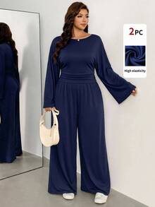 Auralis Blue Two-Piece Set Featuring A Round-Neck, Batwing-Sleeve Top With A Gathered Waist And Loose-Fitting Trousers With An Elastic Waistband-A Comfortable - Navy Blue - View 8