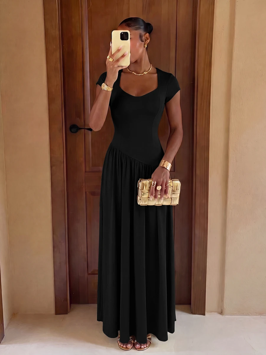Lumalex Women's Solid Color Pleated Casual Party & Travel Long Dress - Black - View 1