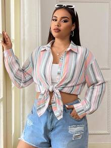 SHEIN EZwear 大尺碼女款條紋拼接休閒日常穿著襯衫 - 彩色 - 查看 4