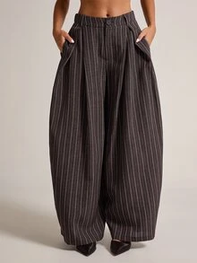 SHEIN BAE Fashionable Commuter Striped Curved Leg Suit Pants - Brown - View 3