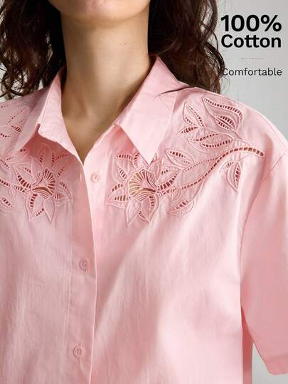 Ontre 2026 New All-Season Minimalist Fashion Elegant Modern Formal Vacation Date Short Sleeve Loose Button Hollow Embroidery Solid Color Women's Blouse Versatile Slimming Heightening Elegant Daily Wear Commute Work Office Date Street Style