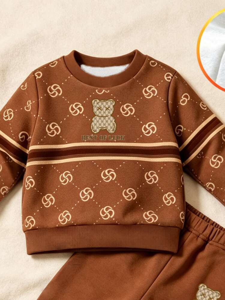 Baby Boy Casual Comfortable Versatile Minimalist Fashion Crew Neck Sweatshirt & Sports Pants Set, Autumn/Winter, Suitable For Daily Wear, Outdoor Activities, Gatherings, Holidays, Gifts - Multicolor - View 4